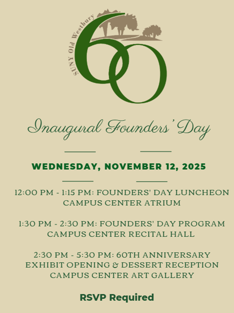 Beige background with green 60 at the top. Text states Inaugural Founders' Day on Wednesday, November 12, 2025 with schedule of events for the day listed below it.